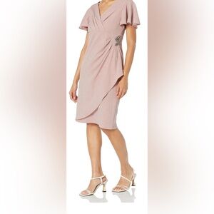 S.L. Fashions Womens Midi V-Neck Sheath Cocktail Dress W/Flutter Sleeves 18